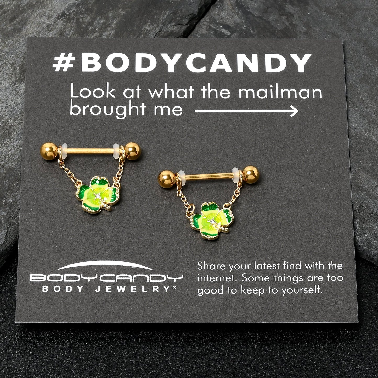 14G 9/16 Clear Gem Gold Hue Lucky Shamrock Dangle Nipple Ring Set