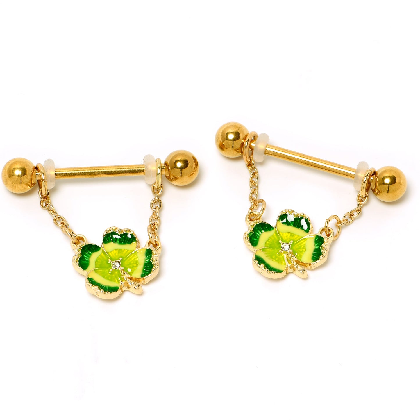 14G 9/16 Clear Gem Gold Hue Lucky Shamrock Dangle Nipple Ring Set