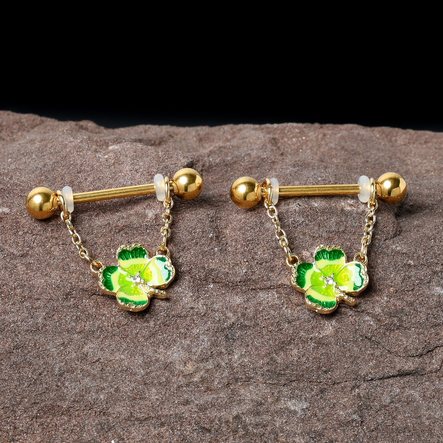 14G 9/16 Clear Gem Gold Hue Lucky Shamrock Dangle Nipple Ring Set