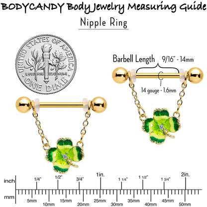 14G 9/16 Clear Gem Gold Hue Lucky Shamrock Dangle Nipple Ring Set