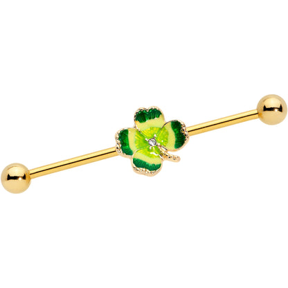 14G Clear Gem Gold Tone Lucky Shamrock Industrial Barbell 38mm