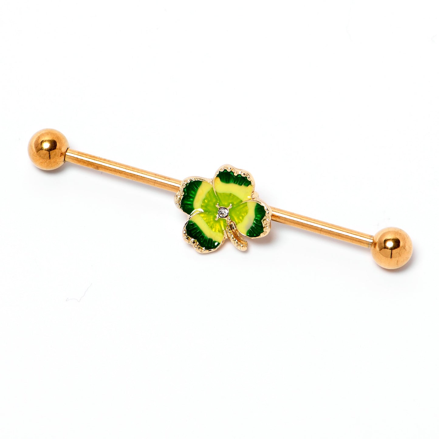 14G Clear Gem Gold Tone Lucky Shamrock Industrial Barbell 38mm