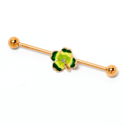 14G Clear Gem Gold Tone Lucky Shamrock Industrial Barbell 38mm