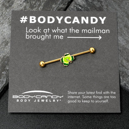 14G Clear Gem Gold Tone Lucky Shamrock Industrial Barbell 38mm