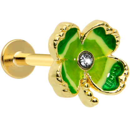 16G 5/16 Clear Gem Gold Tone Lucky Shamrock Labret Monroe Tragus