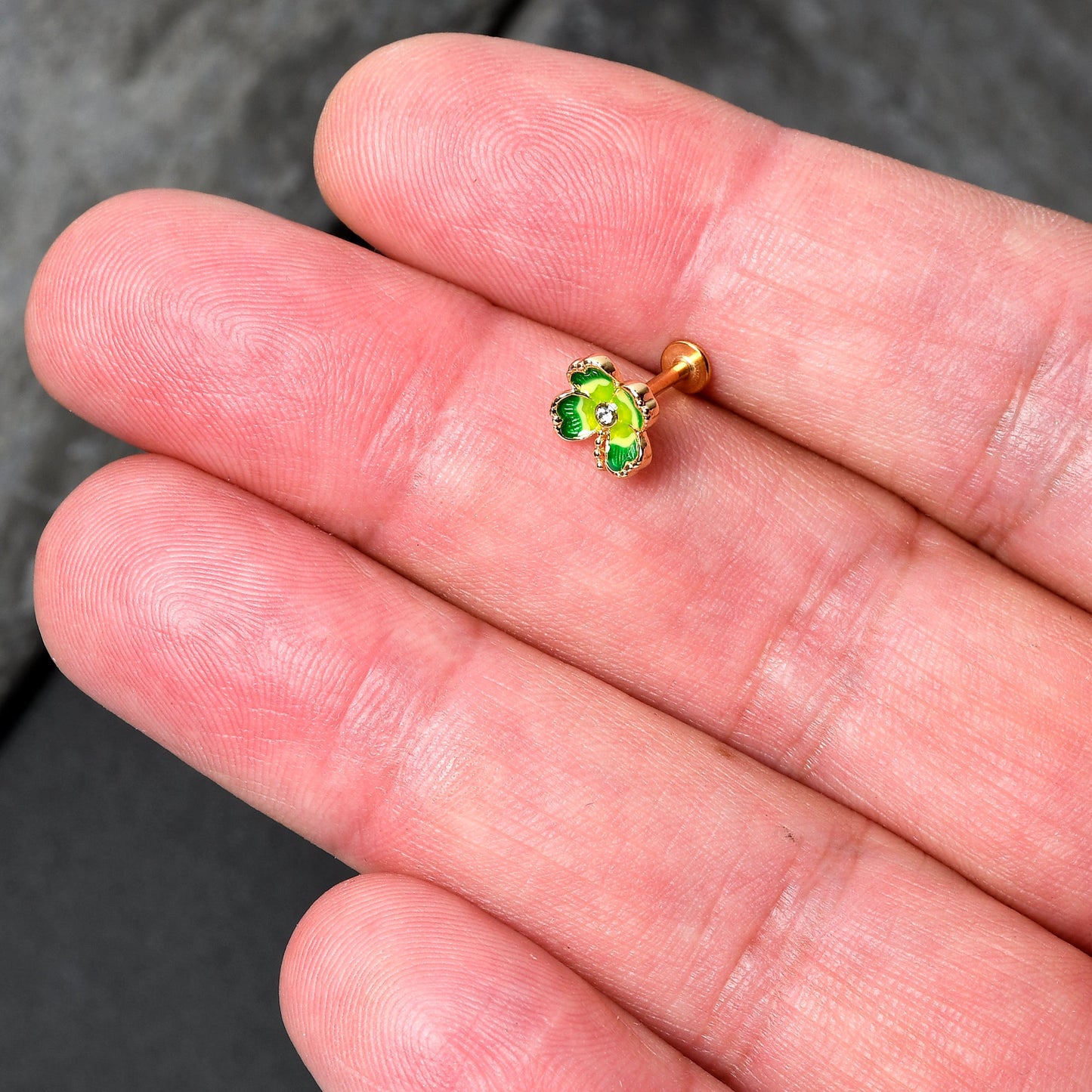 16G 5/16 Clear Gem Gold Tone Lucky Shamrock Labret Monroe Tragus