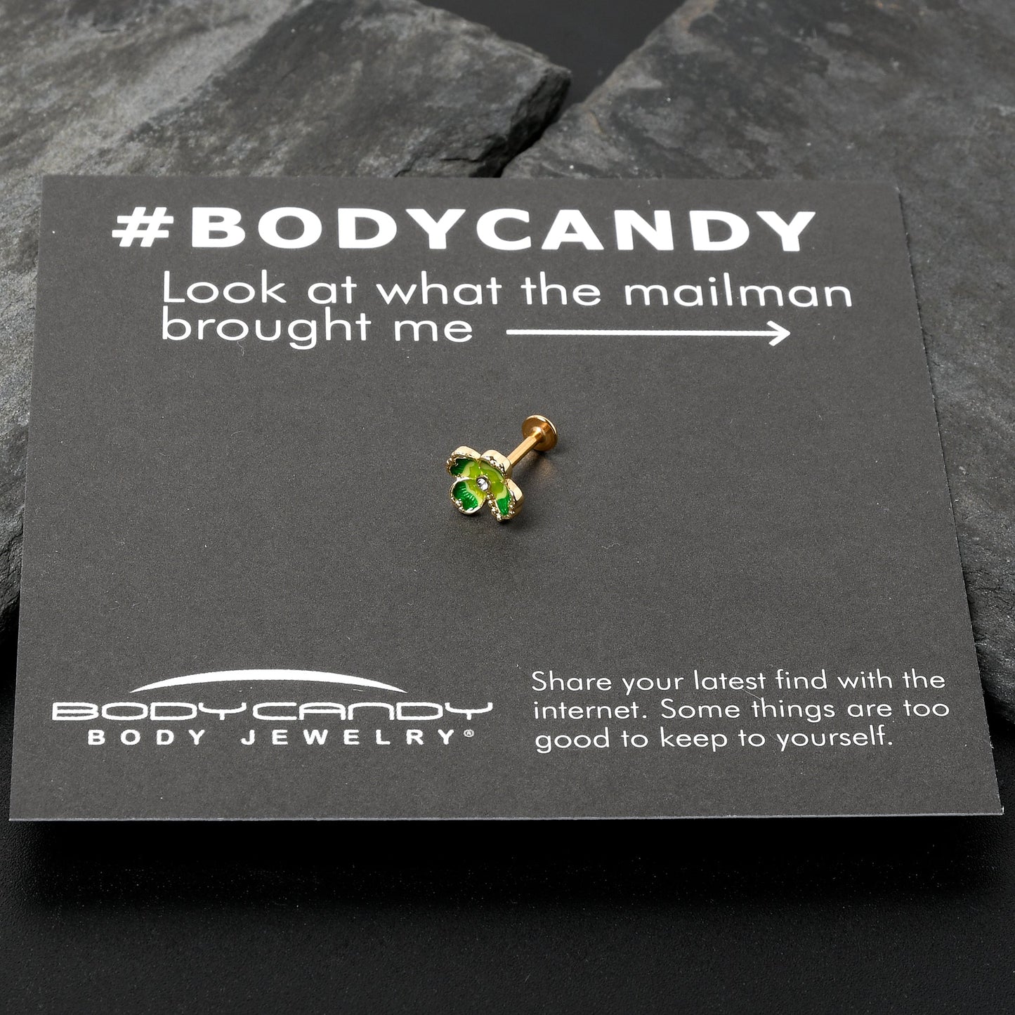 16G 5/16 Clear Gem Gold Tone Lucky Shamrock Labret Monroe Tragus