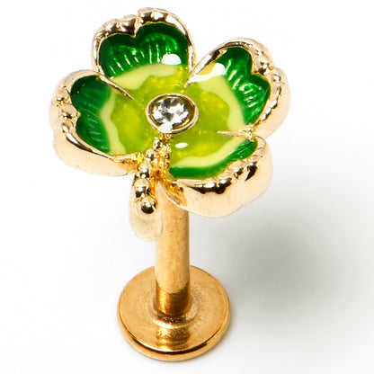 16G 5/16 Clear Gem Gold Tone Lucky Shamrock Labret Monroe Tragus