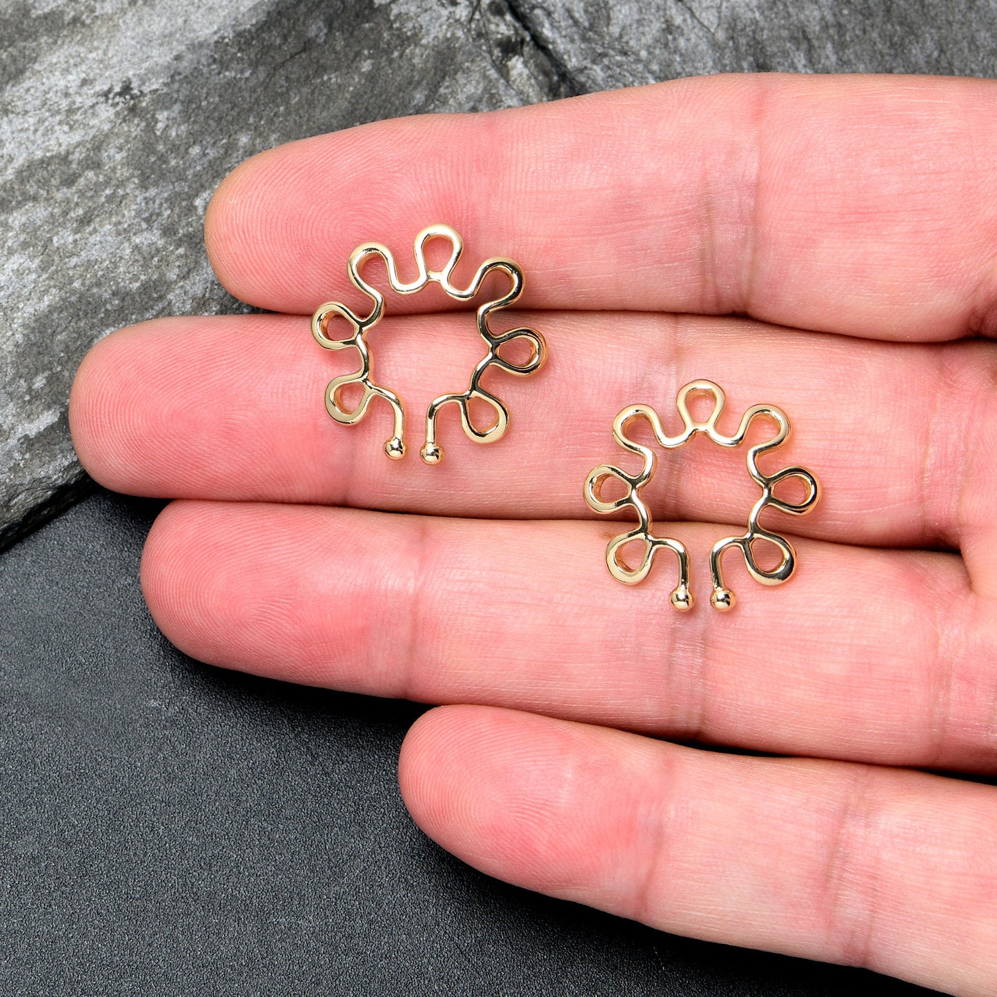 Gold Tone Trippy Flower Clip On Fake Nipple Ring Set
