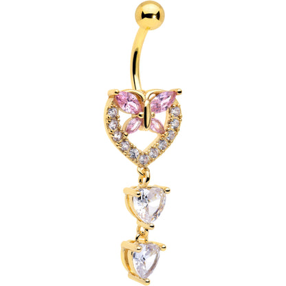 Clear Pink CZ Gem Gold Tone Heart Butterfly Double Dangle Belly Ring