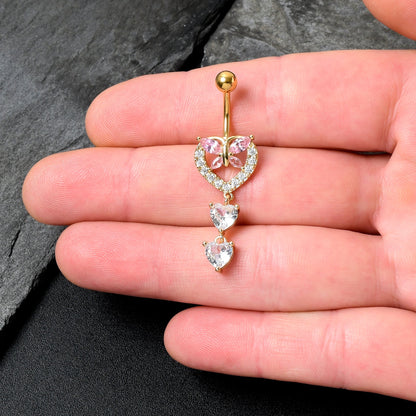 Clear Pink CZ Gem Gold Tone Heart Butterfly Double Dangle Belly Ring