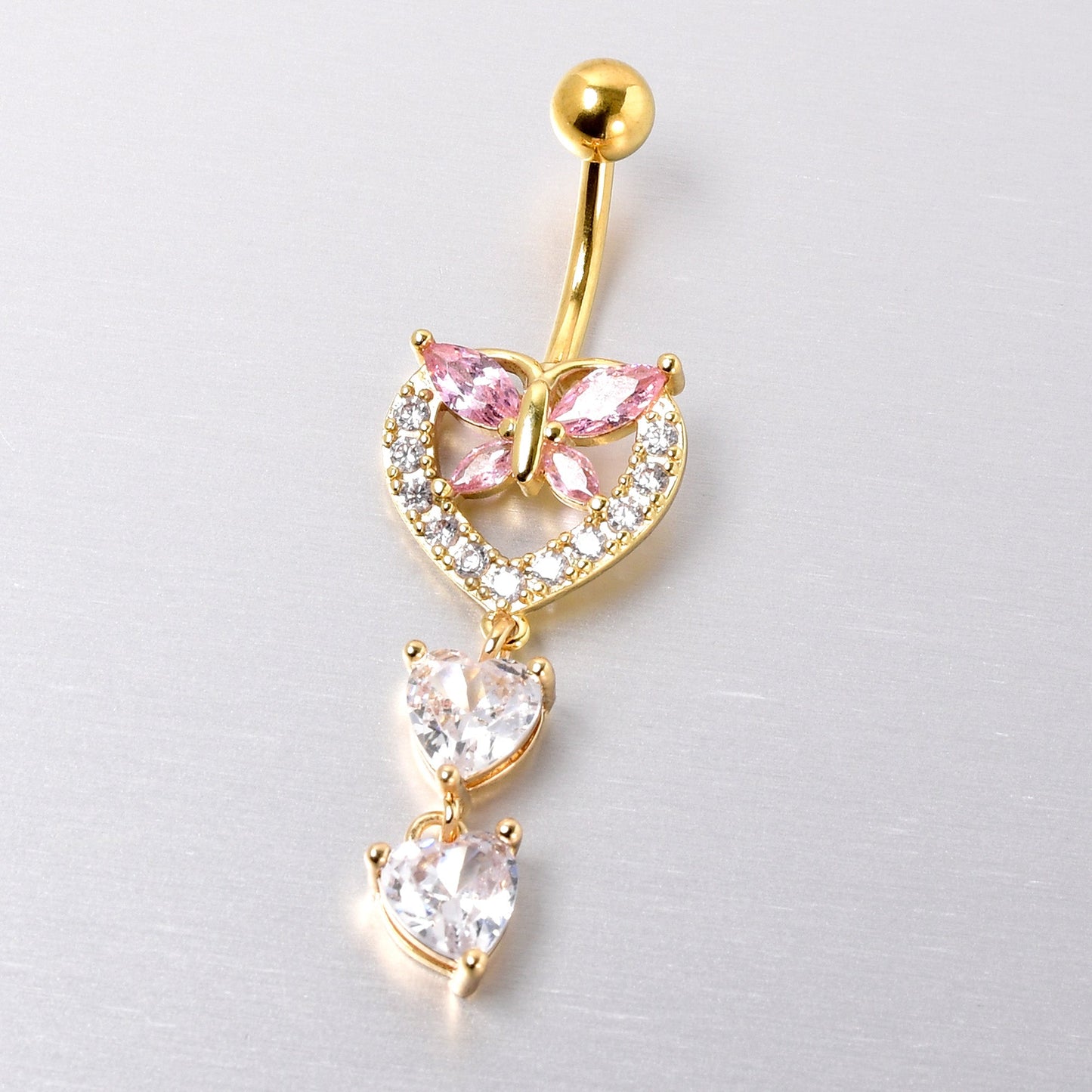 Clear Pink CZ Gem Gold Tone Heart Butterfly Double Dangle Belly Ring