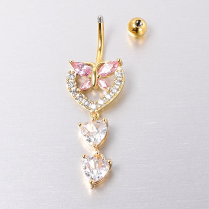 Clear Pink CZ Gem Gold Tone Heart Butterfly Double Dangle Belly Ring