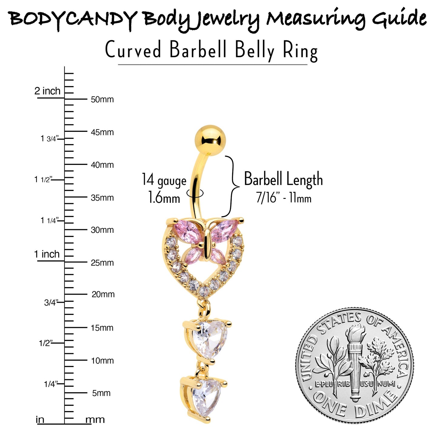 Clear Pink CZ Gem Gold Tone Heart Butterfly Double Dangle Belly Ring