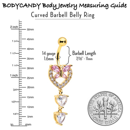 Clear Pink CZ Gem Gold Tone Heart Butterfly Double Dangle Belly Ring