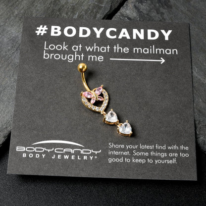 Clear Pink CZ Gem Gold Tone Heart Butterfly Double Dangle Belly Ring