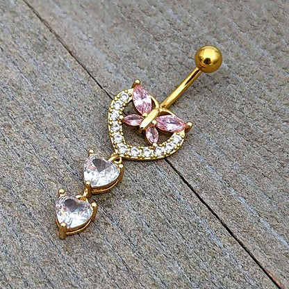 Clear Pink CZ Gem Gold Tone Heart Butterfly Double Dangle Belly Ring