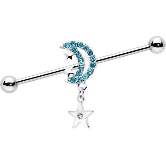 14G Blue CZ Gem Moon Dangle Star Industrial Barbell 38mm