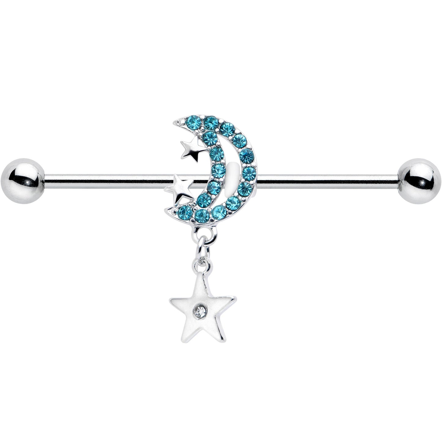 14G Blue CZ Gem Moon Dangle Star Industrial Barbell 38mm