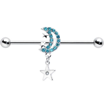 14G Blue CZ Gem Moon Dangle Star Industrial Barbell 38mm