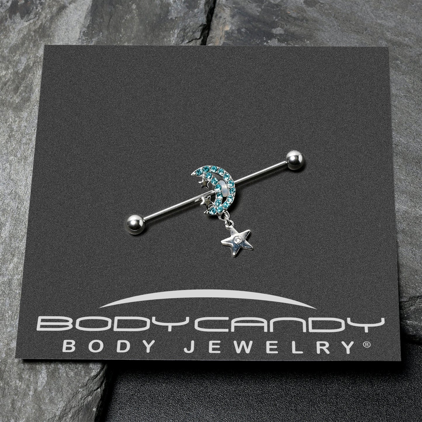14G Blue CZ Gem Moon Dangle Star Industrial Barbell 38mm