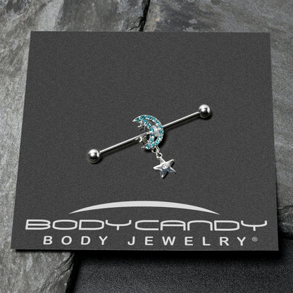 14G Blue CZ Gem Moon Dangle Star Industrial Barbell 38mm