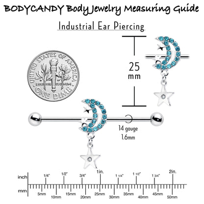 14G Blue CZ Gem Moon Dangle Star Industrial Barbell 38mm