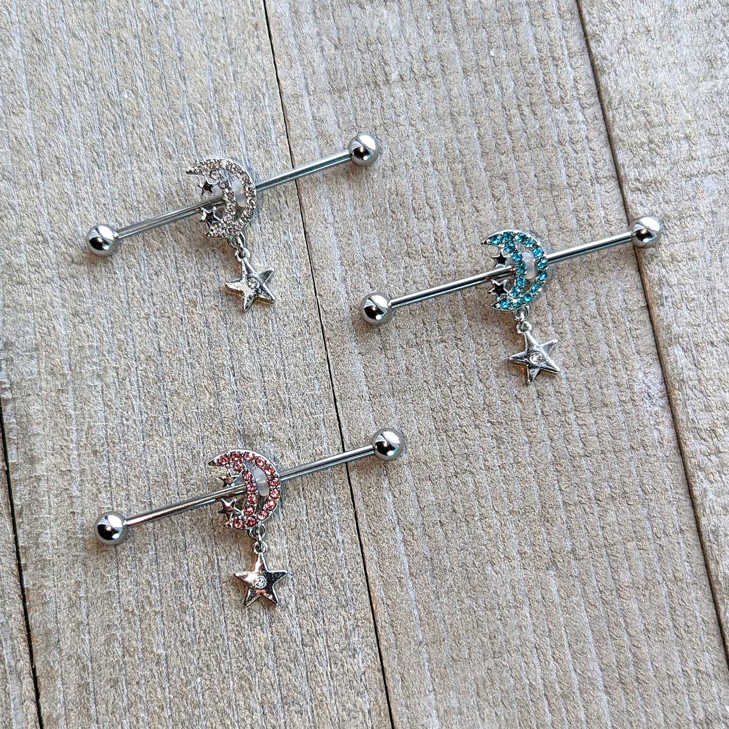 14G Blue CZ Gem Moon Dangle Star Industrial Barbell 38mm