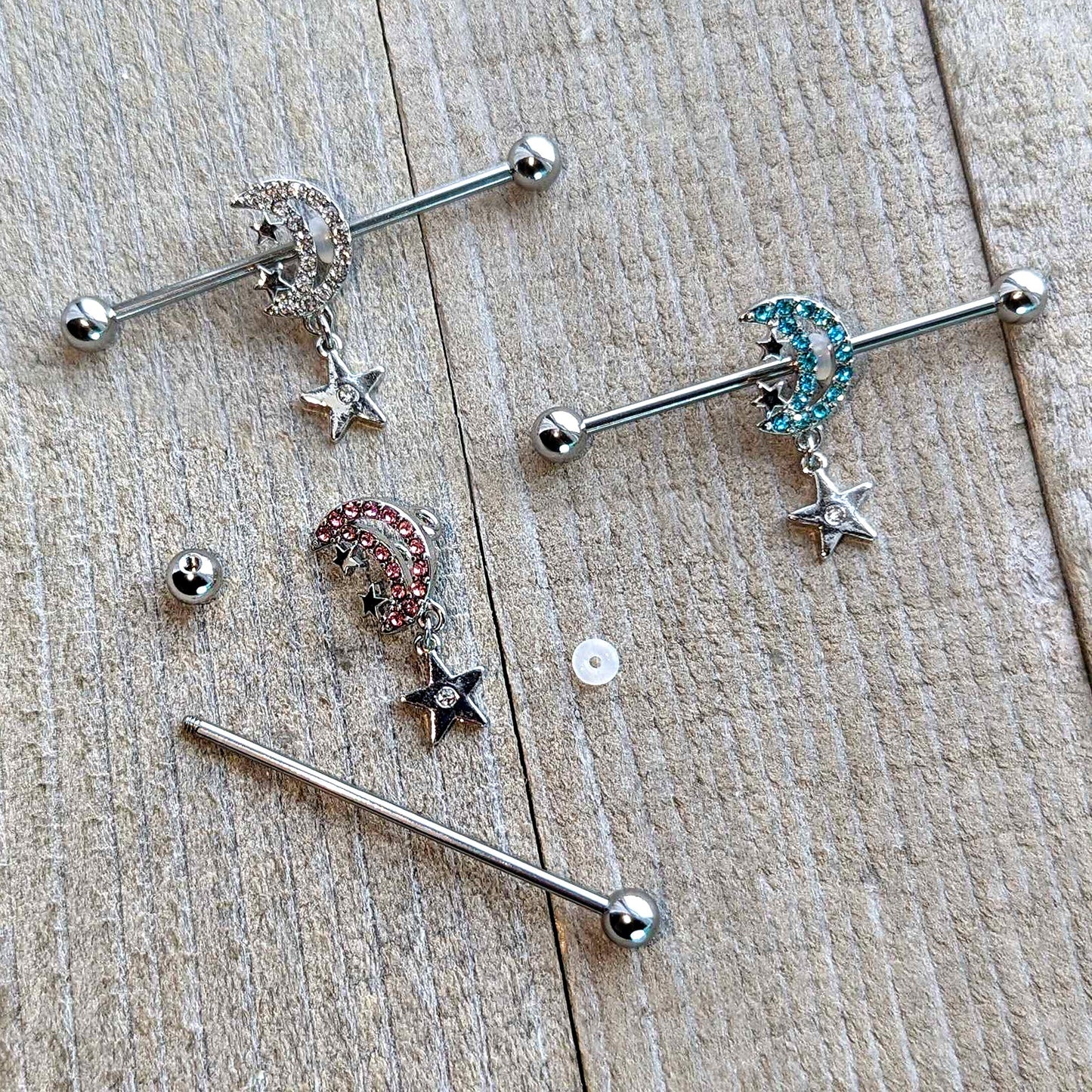 14G Blue CZ Gem Moon Dangle Star Industrial Barbell 38mm