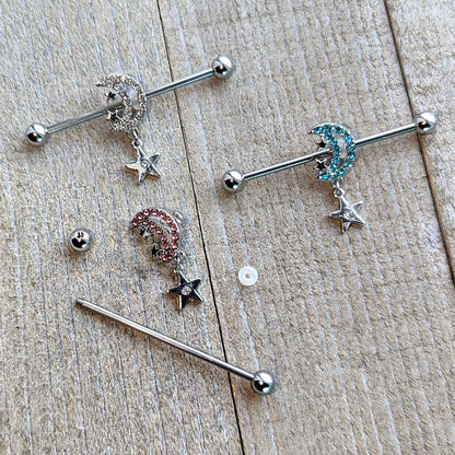 14G Blue CZ Gem Moon Dangle Star Industrial Barbell 38mm