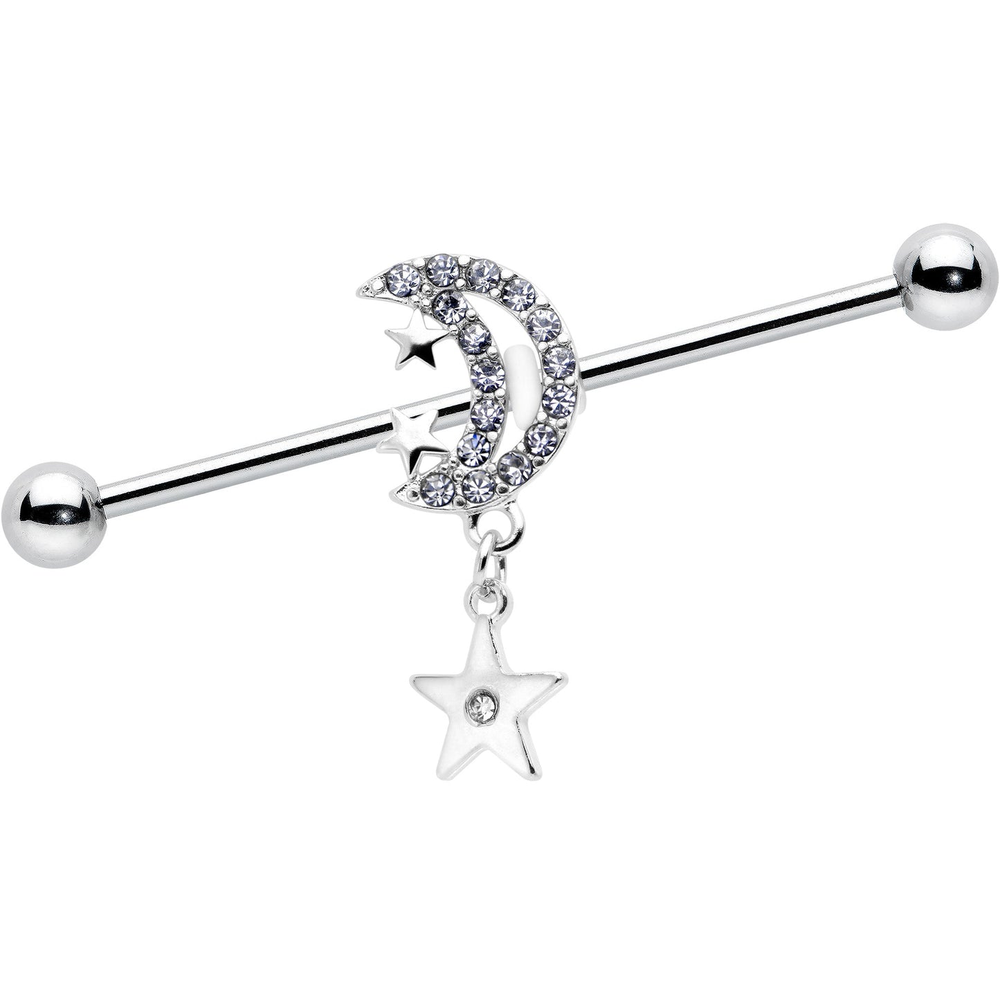14G Clear CZ Gem Moon Dangle Star Industrial Barbell 38mm
