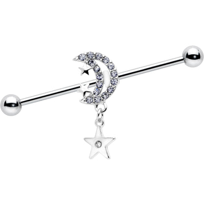 14G Clear CZ Gem Moon Dangle Star Industrial Barbell 38mm