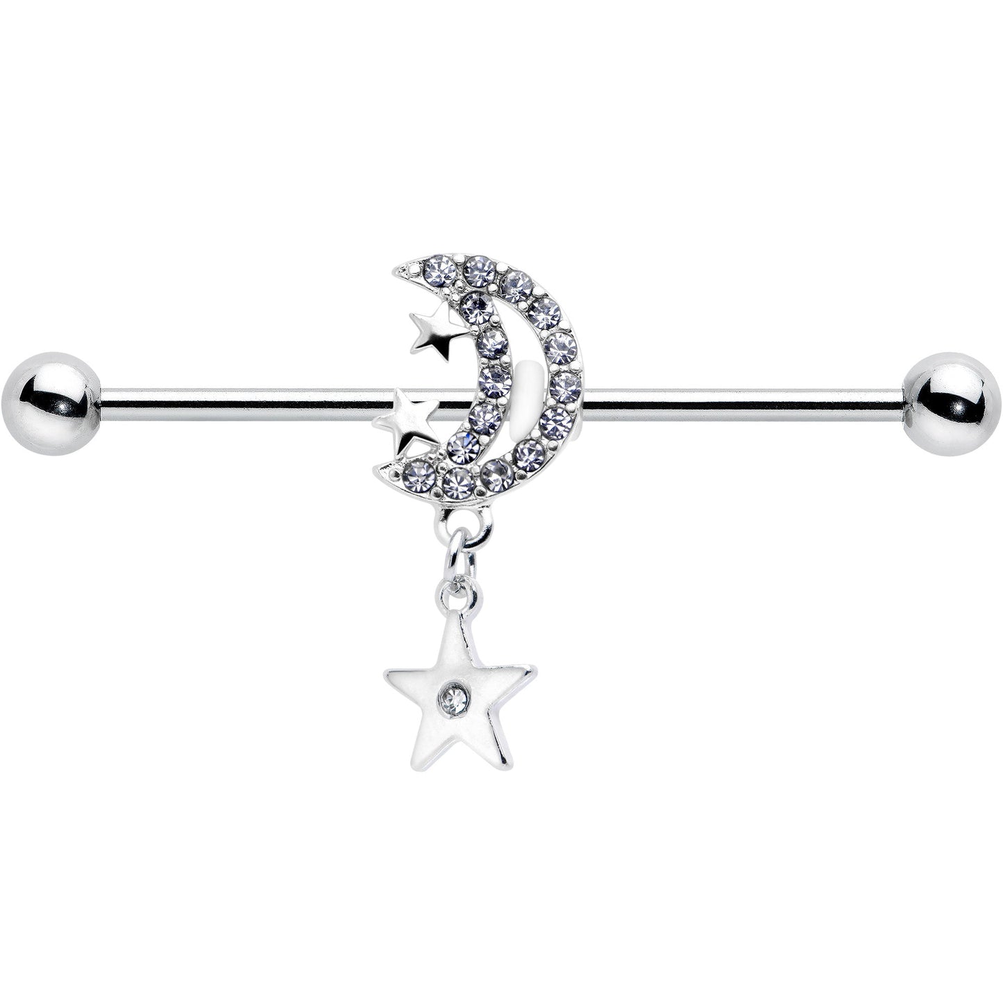 14G Clear CZ Gem Moon Dangle Star Industrial Barbell 38mm
