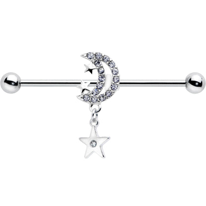 14G Clear CZ Gem Moon Dangle Star Industrial Barbell 38mm