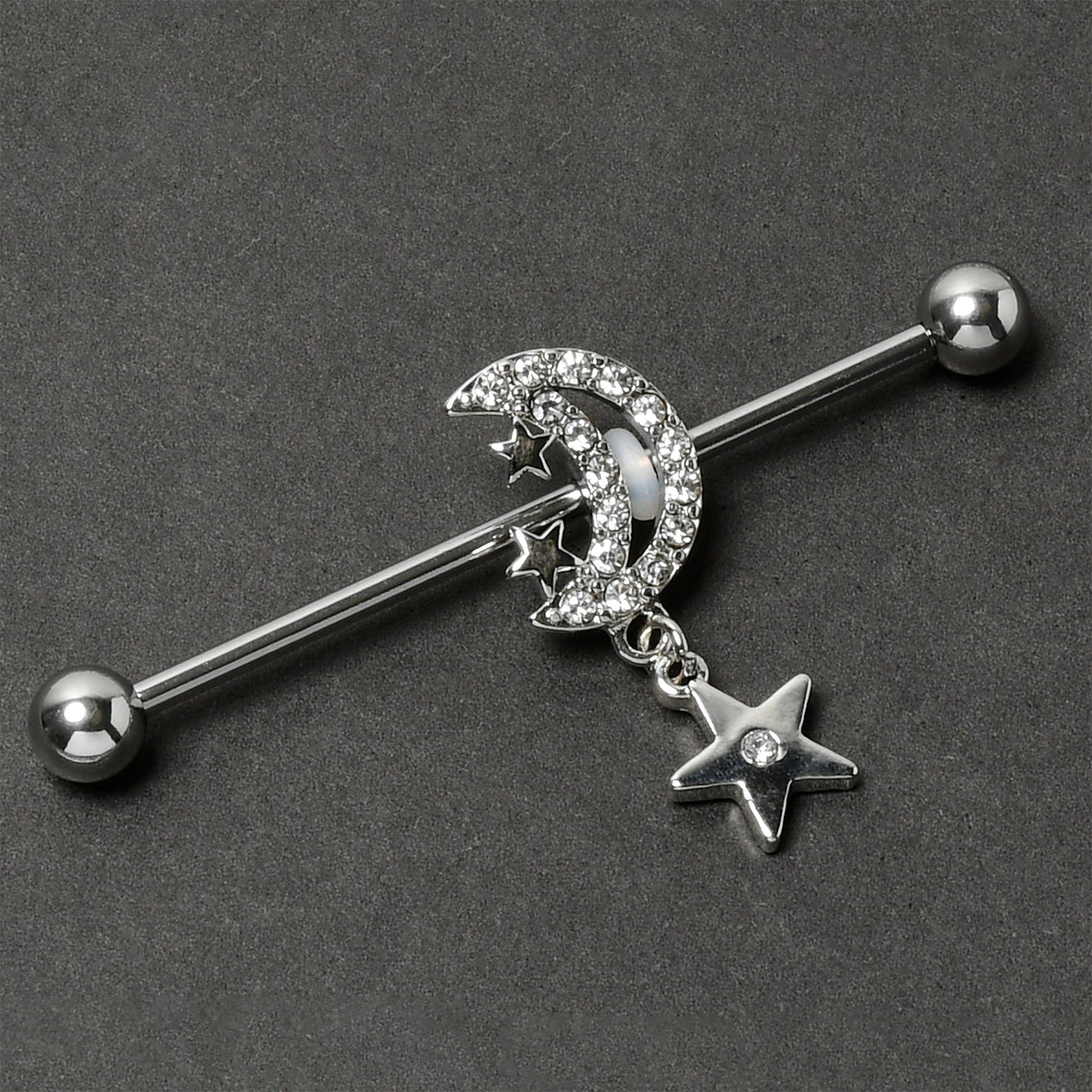 14G Clear CZ Gem Moon Dangle Star Industrial Barbell 38mm