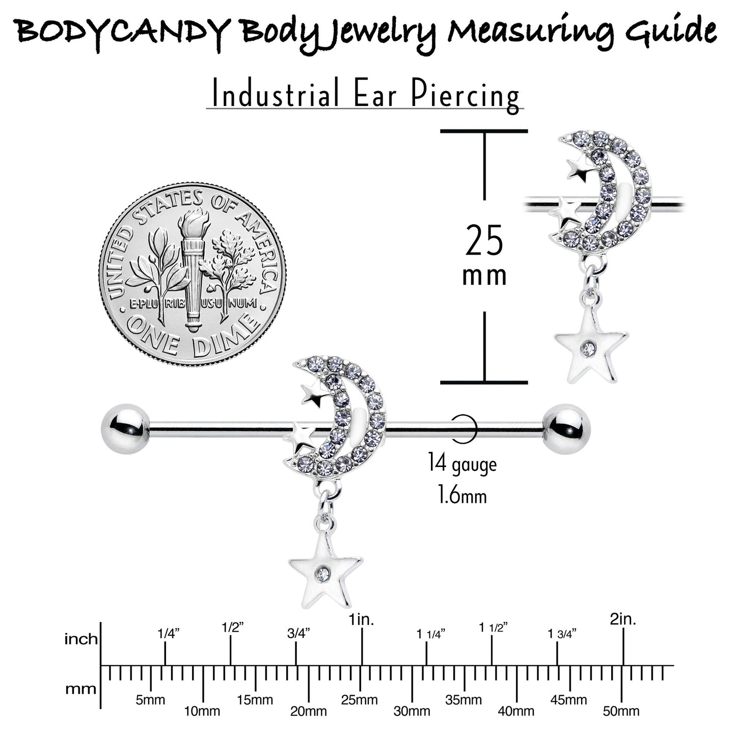 14G Clear CZ Gem Moon Dangle Star Industrial Barbell 38mm