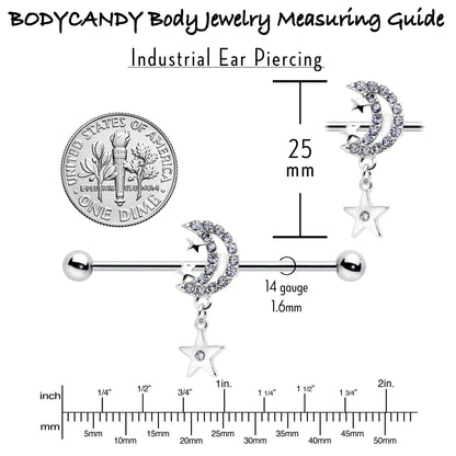 14G Clear CZ Gem Moon Dangle Star Industrial Barbell 38mm