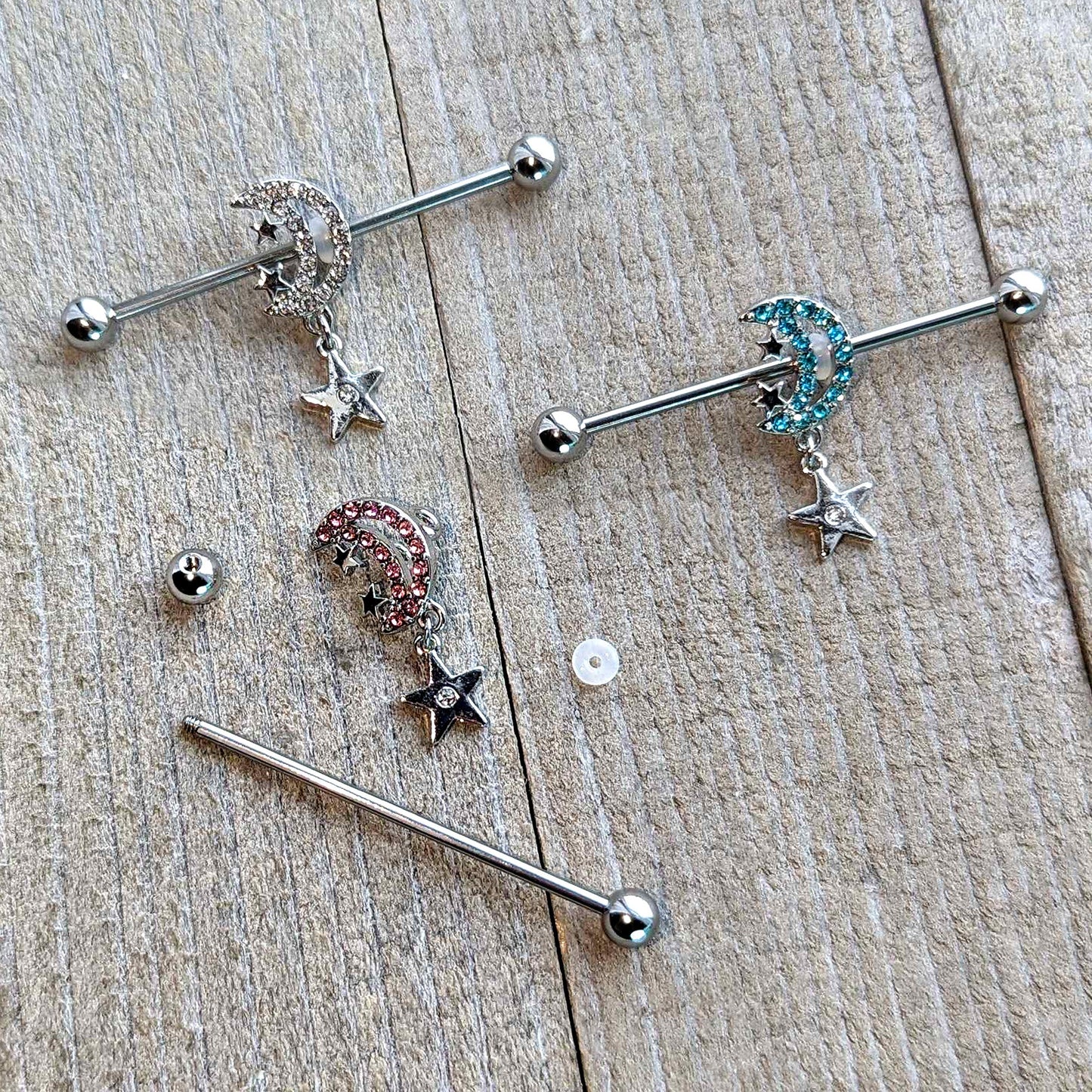 14G Clear CZ Gem Moon Dangle Star Industrial Barbell 38mm