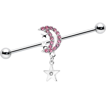 14G Pink CZ Gem Moon Dangle Star Industrial Barbell 38mm