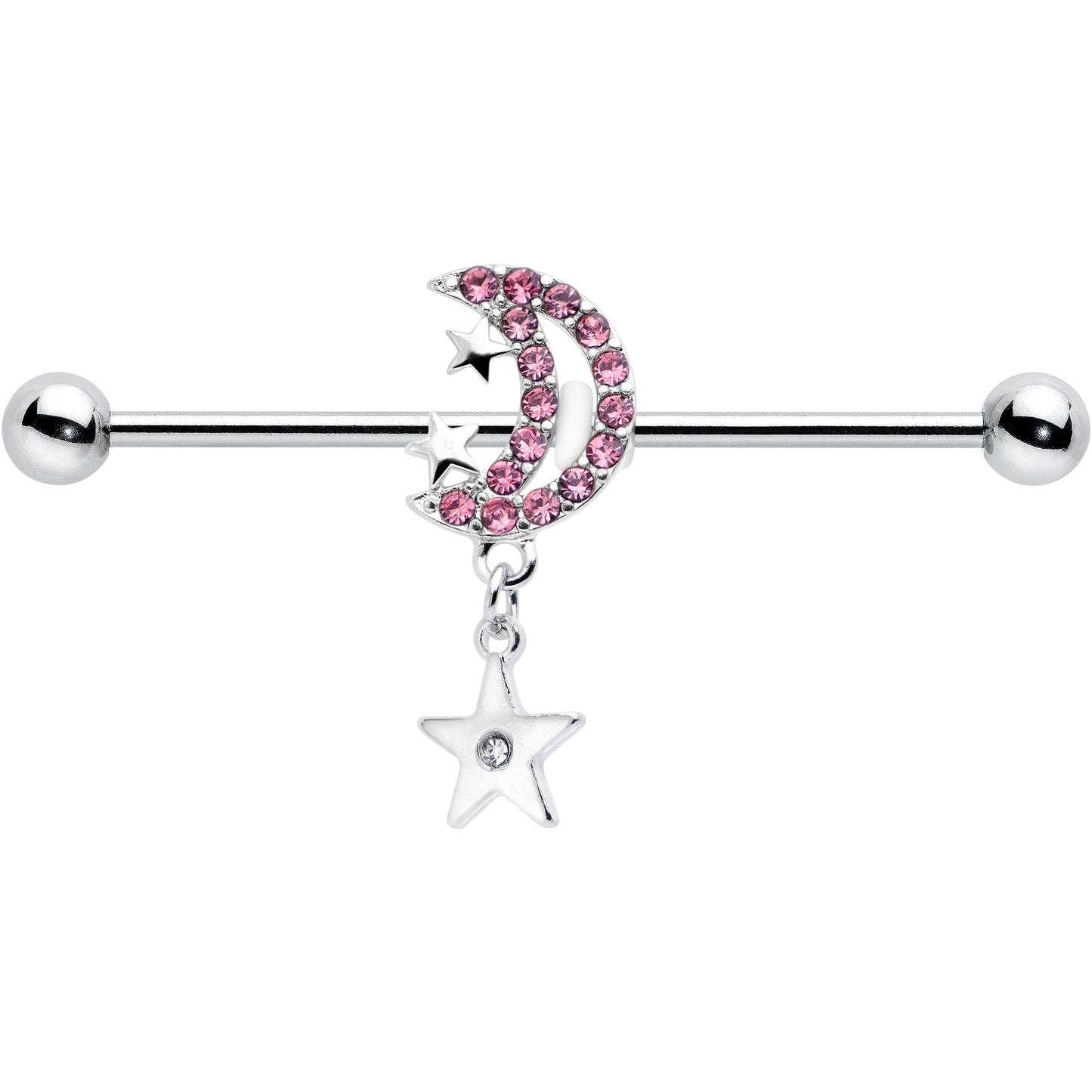 14G Pink CZ Gem Moon Dangle Star Industrial Barbell 38mm
