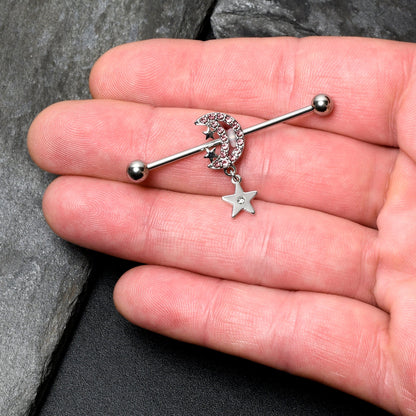 14G Pink CZ Gem Moon Dangle Star Industrial Barbell 38mm