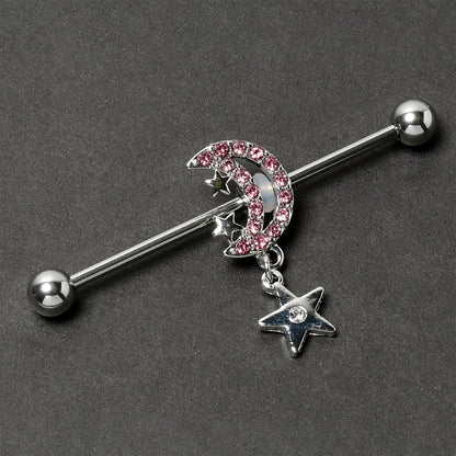 14G Pink CZ Gem Moon Dangle Star Industrial Barbell 38mm
