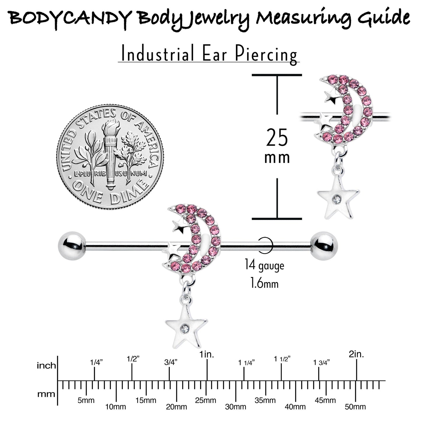 14G Pink CZ Gem Moon Dangle Star Industrial Barbell 38mm