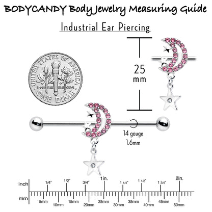 14G Pink CZ Gem Moon Dangle Star Industrial Barbell 38mm