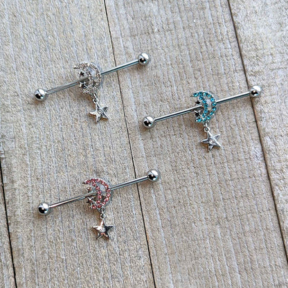 14G Pink CZ Gem Moon Dangle Star Industrial Barbell 38mm