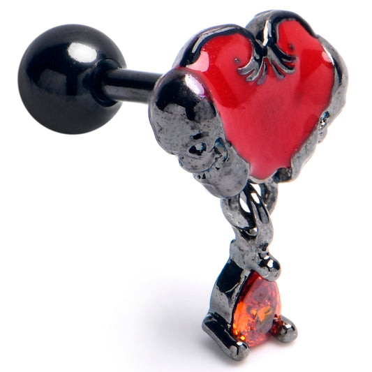 16G 1/4 Red Gem Black Goth Heart Dangle Cartilage Tragus Earring