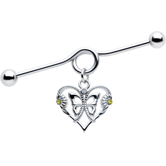 14G Yellow CZ Gem Heart Flower Butterfly Project Bar 38mm