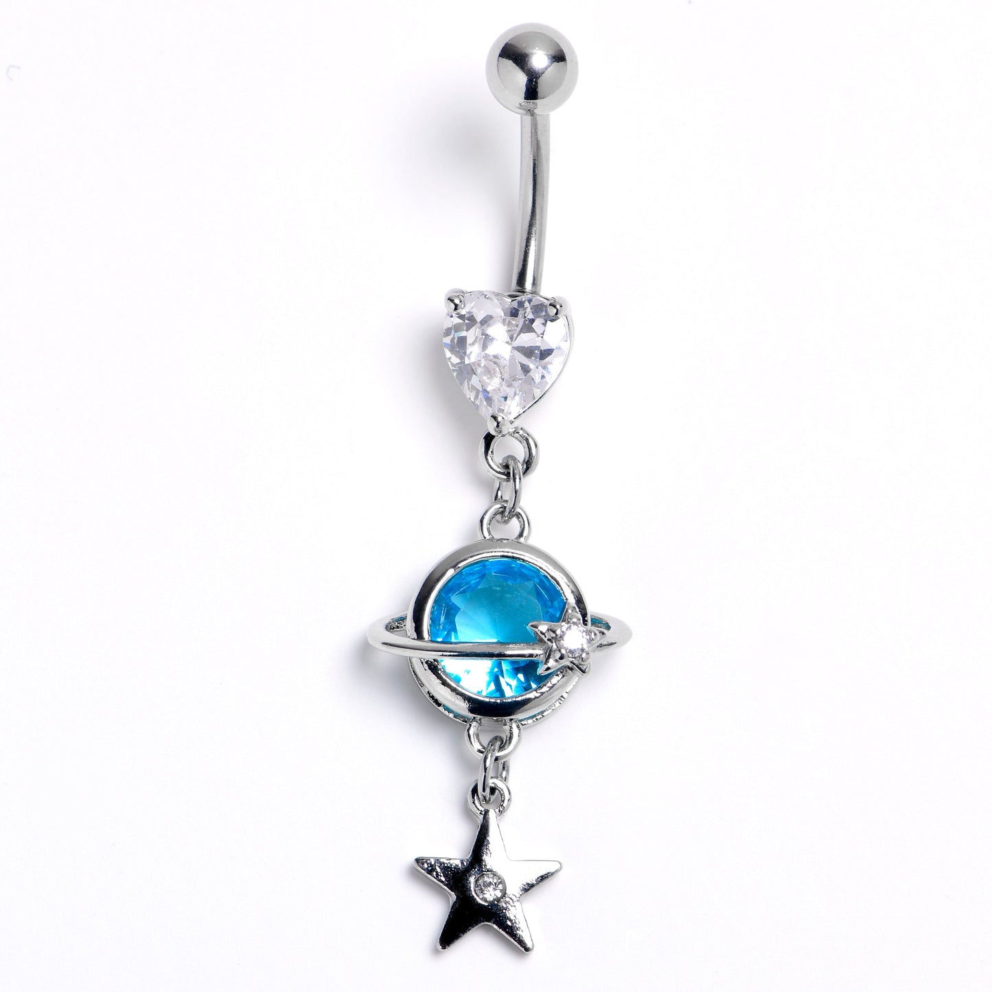 Clear Blue Gem Heart Saturn Star Dangle Belly Ring