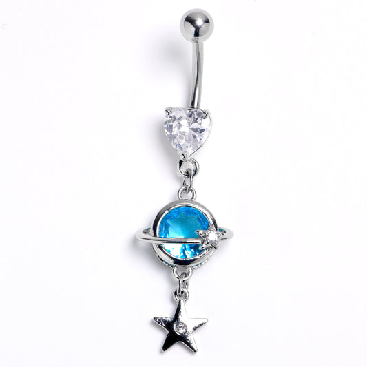 Clear Blue Gem Heart Saturn Star Dangle Belly Ring