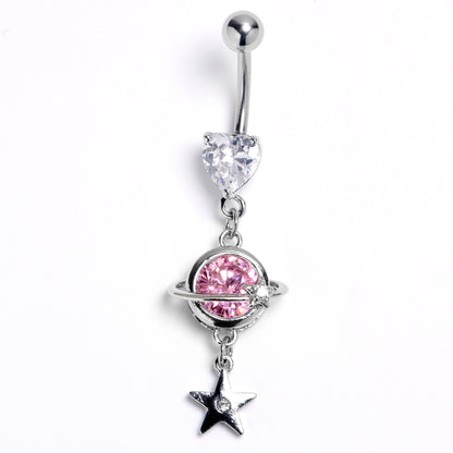 Clear Pink Heart Saturn Star Dangle Belly Ring